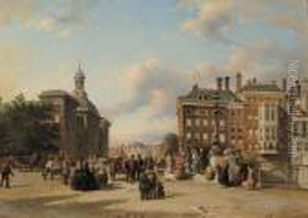 Numerous Townsfolk On A Square, Rotterdam Oil Painting by Elias Pieter van Bommel