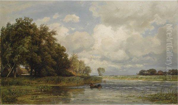 A Polder Landscape With Figures In A Boat Oil Painting by Jan Willem Van Borselen