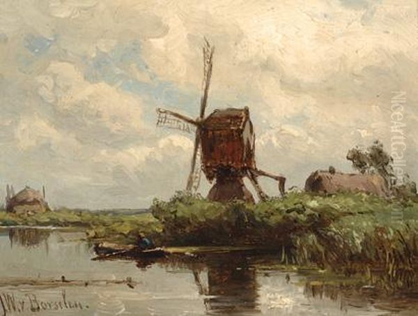 Mill And Farm By Thewater Oil Painting by Jan Willem Van Borselen