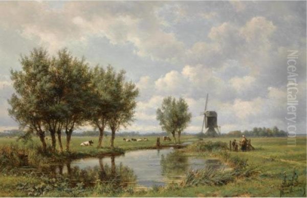 A Peasant Family On A Path Along A Waterway Oil Painting by Jan Willem Van Borselen