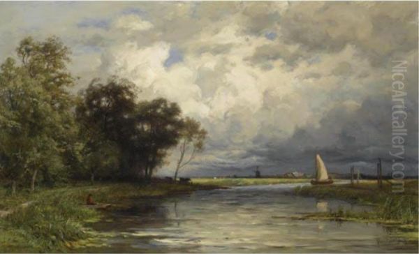 An Angler In A Polder Landscape, A Windmill In The Distance Oil Painting by Jan Willem Van Borselen