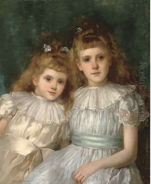 Portrait of sisters, half-length, the elder in a blue dress with white collar, the younger in an oyster coloured dress Oil Painting by John Shirley Fox