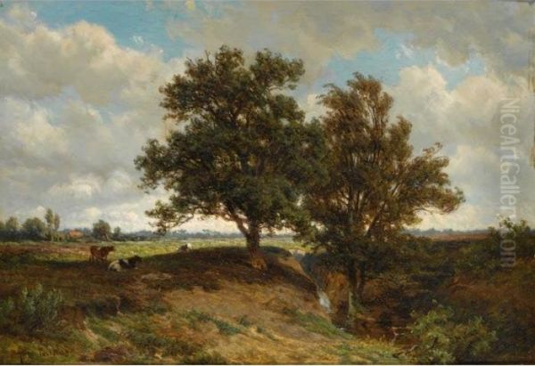 Cows In A Summer Landscape Oil Painting by Jan Willem Van Borselen