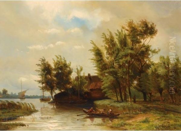 A Summer Landscape With Figures In A Boat Oil Painting by Jan Willem Van Borselen