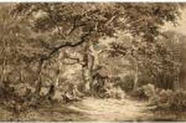 Children In A Forest Landscape Oil Painting by Jan Willem Van Borselen