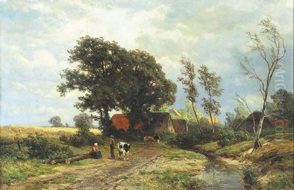 Koeienhoeders Op Een Veldweg Nabij Een Dorp (1874) Oil Painting by Jan Willem Van Borselen