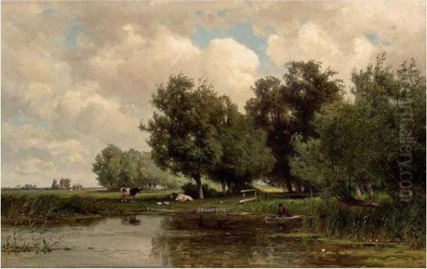 An Angler In A River Landscape Oil Painting by Jan Willem Van Borselen