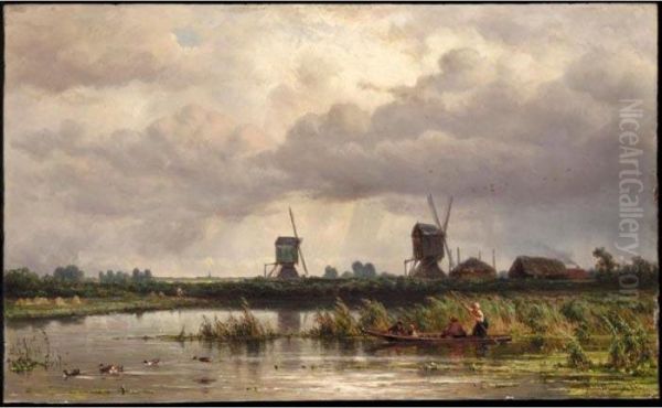 Figures In A Boat With Two Windmills Beyond Oil Painting by Jan Willem Van Borselen