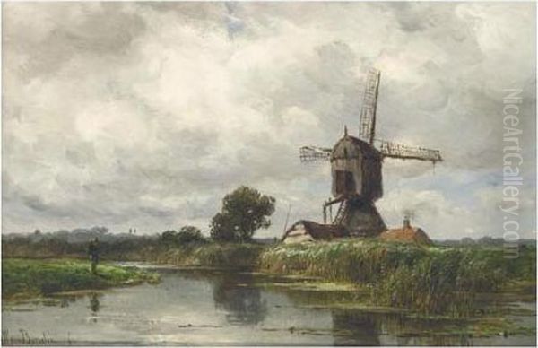 An Angler Near A Wind Mill Oil Painting by Jan Willem Van Borselen