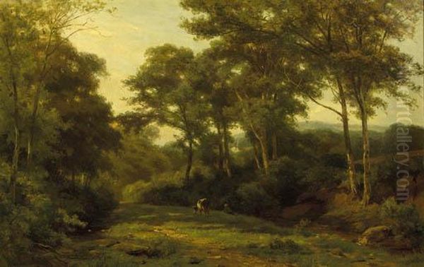 A Cow Grazing In A Forest Clearing Oil Painting by Jan Willem Van Borselen