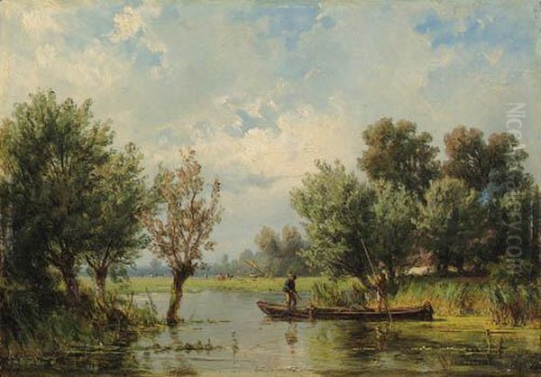 A River Landscape Oil Painting by Jan Willem Van Borselen