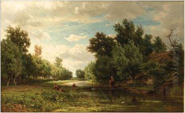 Geldersch Landschap: Young Anglers On A Riverbank With A Cottagenearby Oil Painting by Jan Willem Van Borselen