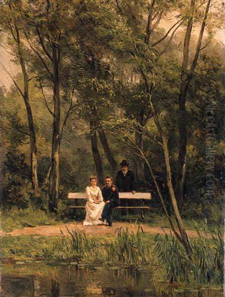 An Elegant Couple Seated On A Bench In A Park With An Attendentstanding Nearby Oil Painting by Jan Willem Van Borselen