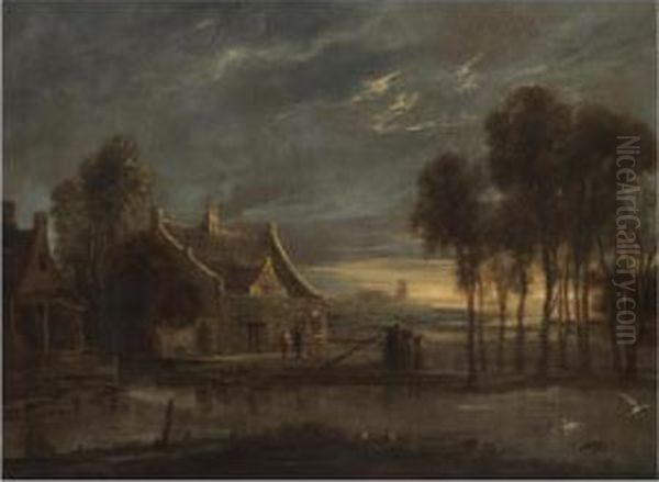 A River Landscape At Sunset With Figures Conversing Before A House Oil Painting by Anthonie Van Borssom