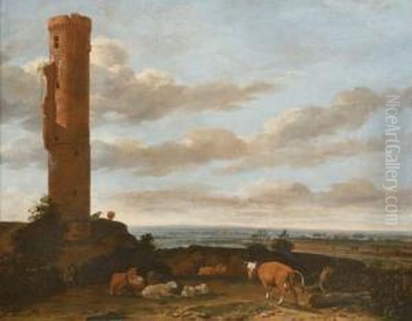 A Shepherd With Cattle And Sheep By A Tower In A Panoramic Landscape Oil Painting by Anthonie Van Borssom