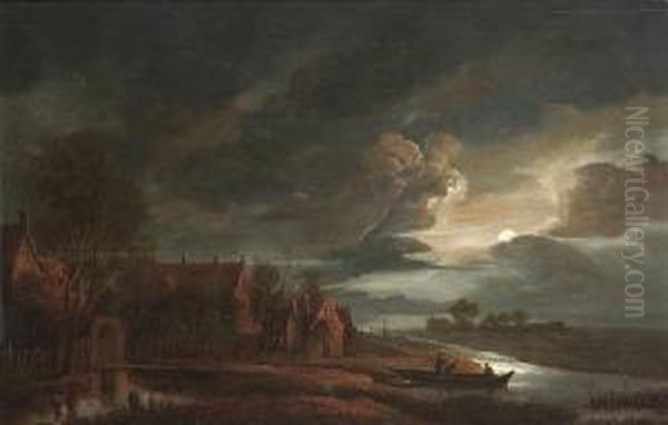 A Moonlit River Landscape With Figures In A Boat With Village Buildings Along The Bank Oil Painting by Anthonie Van Borssom