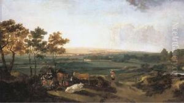 An Extensive Landscape With An Elegant Company Resting, A Countrymansion In The Distance Oil Painting by Anthonie Van Borssom