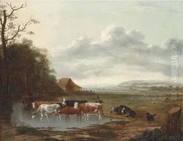 An Extensive Landscape With A Herdsman And Cattle Oil Painting by Anthonie Van Borssom