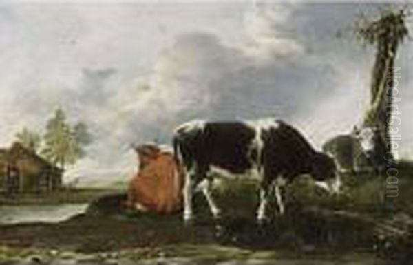 A Landscape With Cows Grazing In A Meadow, A View Of A Farmhouse Beyond Oil Painting by Anthonie Van Borssom