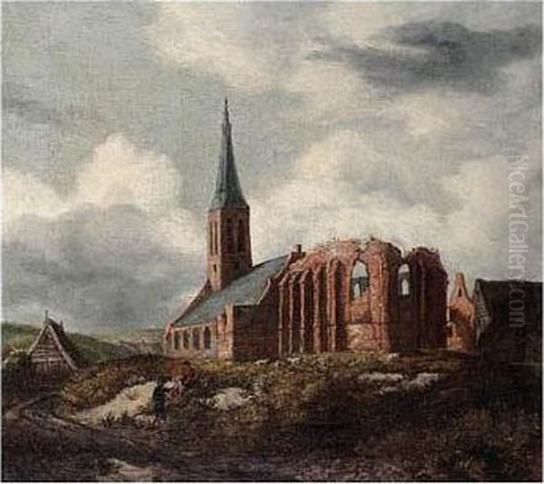 A Ruined Church Near Leiden With Two Travellers Resting By The Roadside Oil Painting by Anthonie Van Borssom