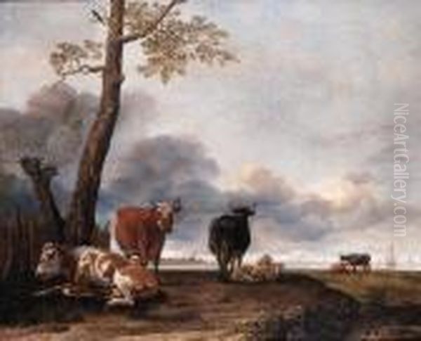 Cattle And Sheep By A Tree On A River Bank, Shipping Beyond Oil Painting by Anthonie Van Borssom