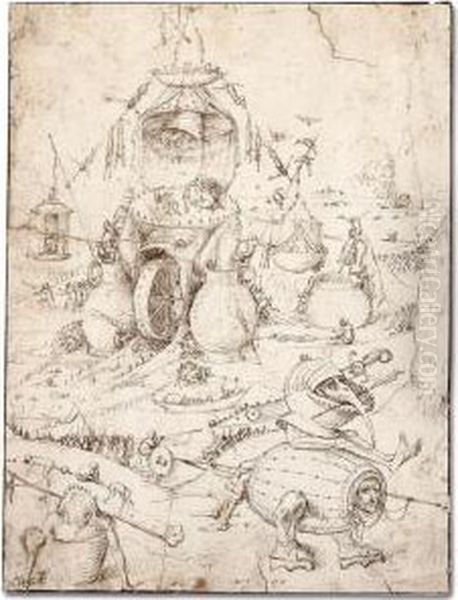 A Hell Scene With A Fish-monster
 With A Wheel In Its Mouth, A Barrel-creature And Various Other 
Monsters, And Figures Undergoing A Range Of Ordeals Oil Painting by Pieter van der Heyden