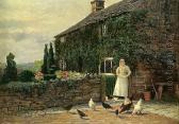 Woman Feeding Chickens Oil Painting by Robert Ward Van Boskerck