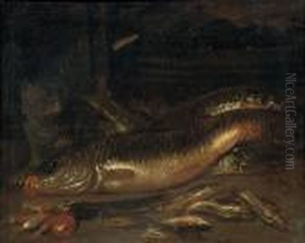 Various Fish, A Wicker Basket With Mussels And A Cat Oil Painting by Pieter Van Boucle