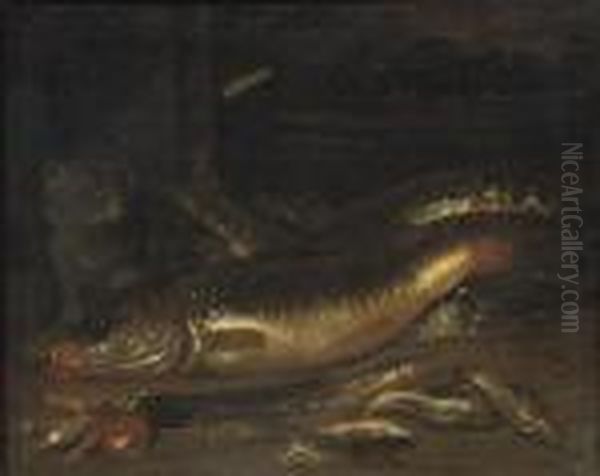 Fish, A Wicker Basket With Mussels And A Cat Oil Painting by Pieter Van Boucle