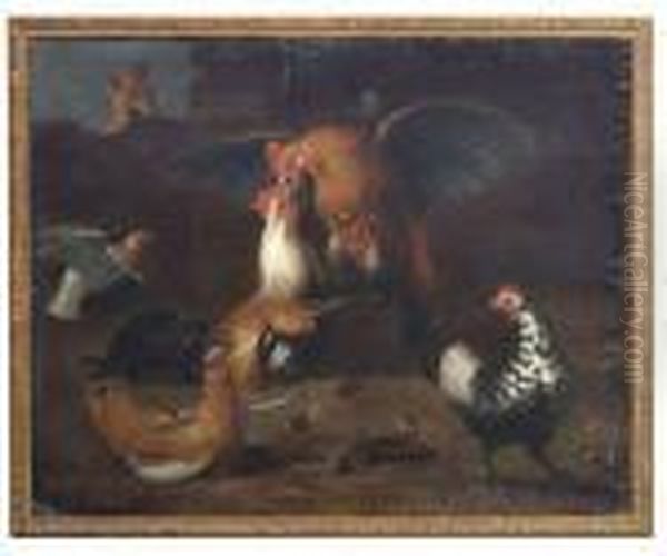 Huhnerhof Mit Zwei Kampfenden Hahnen, Von Einem Fuchs Beobachtet Oil Painting by Pieter Van Boucle