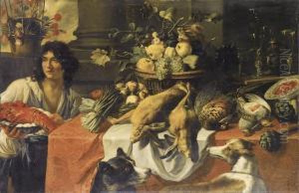 Natura Morta Di Frutta, Ortaggi E
 Selvaggina Su Un Tavolo, Configura Di Ragazzo Recante Una Aragosta Su 
Un Piatto Oil Painting by Pieter Van Boucle