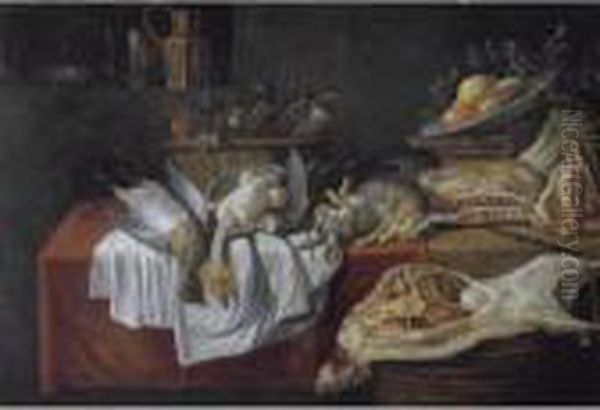 A Still Life With Numerous Birds
 In A Basket, Together With Rabbits, A Bowl Of Fruit, Asparagus, And Two
 Parrots On A Table Draped With Red And White Clothes, Together With A 
Side Of Lamb On A Basket Oil Painting by Pieter Van Boucle