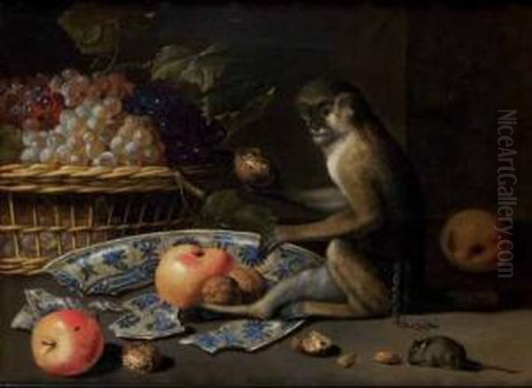 Natura Morta Con Cesto D'uva, Piatto Rotto Oil Painting by Pieter Van Boucle