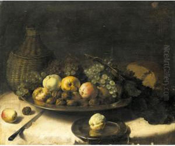 A Still Life With Fruit And 
Walnuts In A Silver Bowl, A Cask Of Wine, A Knife And Other Objects Laid
 Out On A Draped Table Oil Painting by Pieter Van Boucle