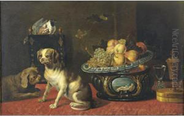 Still Life With Dogs And A Fruit Bowl ; Oil On Canvas] Oil Painting by Pieter Van Boucle