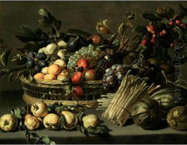 A Still Life With Apricots, 
Plums, Figs, Peaches And Grapes In A Basket On A Stone Ledge, Together 
With Pears, Squash And Asparagus Oil Painting by Pieter Van Boucle