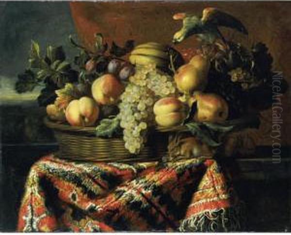 Still Life Of Peaches, Plums, 
Grapes And Pears In A Basket, Together With A Parrot And A Squirrel, All
 Resting On A Ledge Draped With A Carpet Oil Painting by Pieter Van Boucle