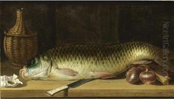 A Still Life With A Carp, Red 
Onions, A Knife, A Wicker-bottle And A Paper Pouch With Tobacco, All On A
 Wooden Ledge Oil Painting by Pieter Van Boucle