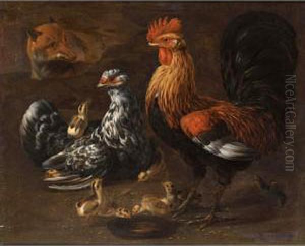 Bantams Surprised By A Fox Oil Painting by Pieter Van Boucle