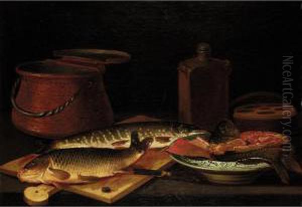 A Still Life Of Freshwater Fish 
On A Chopping Board, Filleted Fish In A Porcelain Dish, A Copper Urn And
 Earthenware Vessels Oil Painting by Pieter Van Boucle