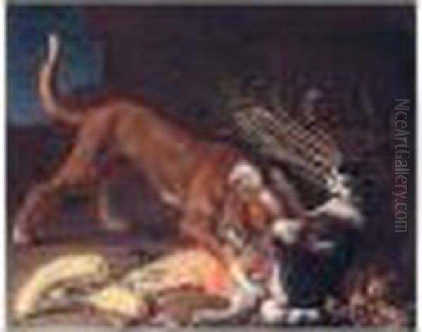 A Dog Attacking A Cat Stealing Meat From A Wicker Basket Oil Painting by Pieter Van Boucle