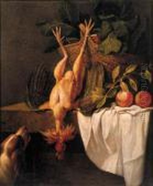 A Spaniel Watching A Dead 
Cockerell Hanging From A Basket Withcabbages And Oranges On A Draped 
Ledge Oil Painting by Pieter Van Boucle