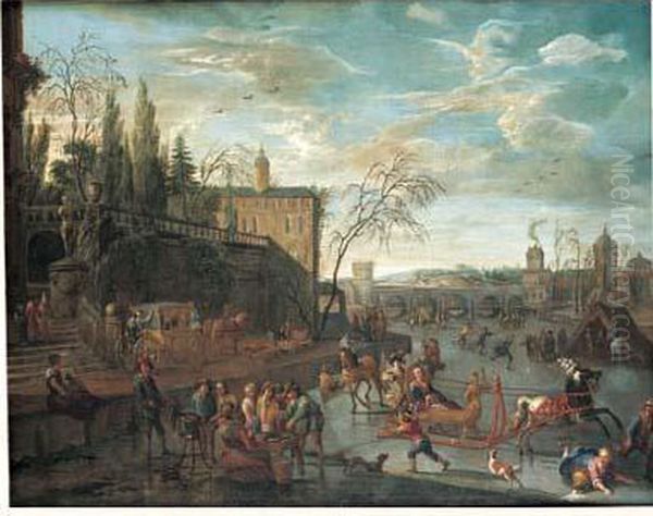 Patineurs Sur Une Riviere Gelee Sous La Terrasse D'un Palais Classique Oil Painting by Peeter van Bredael