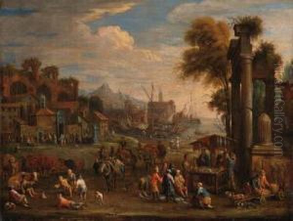 Peasants By A Mediterranean 
Harbour With Classical Ruins; Andshepherds, Peasants And Merchants With 
Classical Ruins Oil Painting by Peeter van Bredael