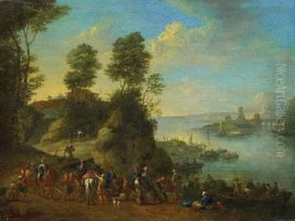 Flusslandschaft Mitreitern Und Booten Oil Painting by Jan Frans I Van Bredael