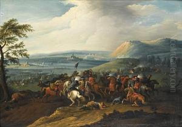 A Cavalry Skirmish Before An Extensive River Landscape Oil Painting by Jan Frans I Van Bredael