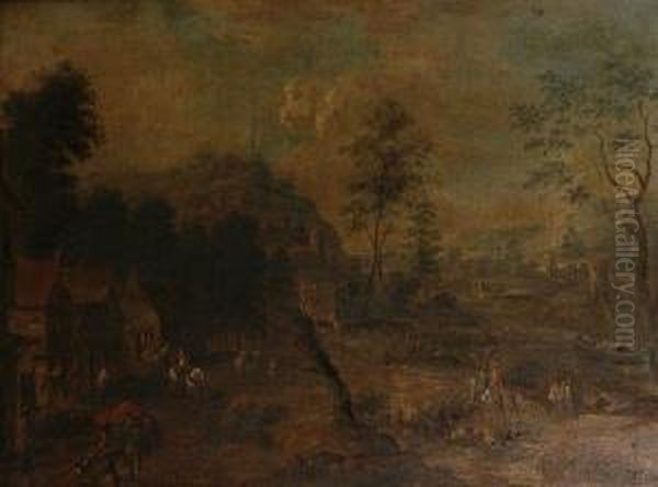 A Village Landscape With Riders Oil Painting by Jan Frans I Van Bredael