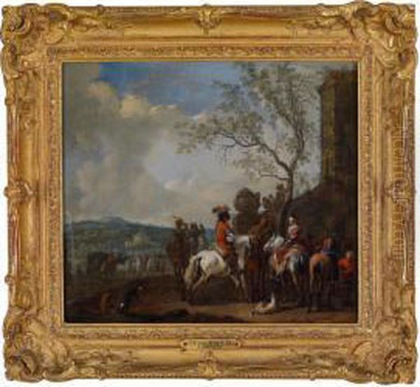 Elegante Compagnia Di Caccia In Sosta Presso Il Maniscalco Oil Painting by Jan Frans I Van Bredael