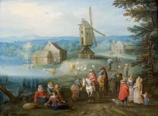 Voyageurs Dans Un Paysage Au Moulin Oil Painting by Jan Frans I Van Bredael