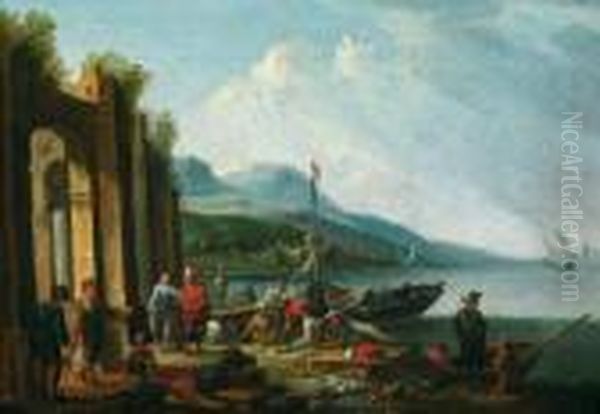 Scena Portuale Con Arrivo Di Mercanti Oil Painting by Jan Frans I Van Bredael